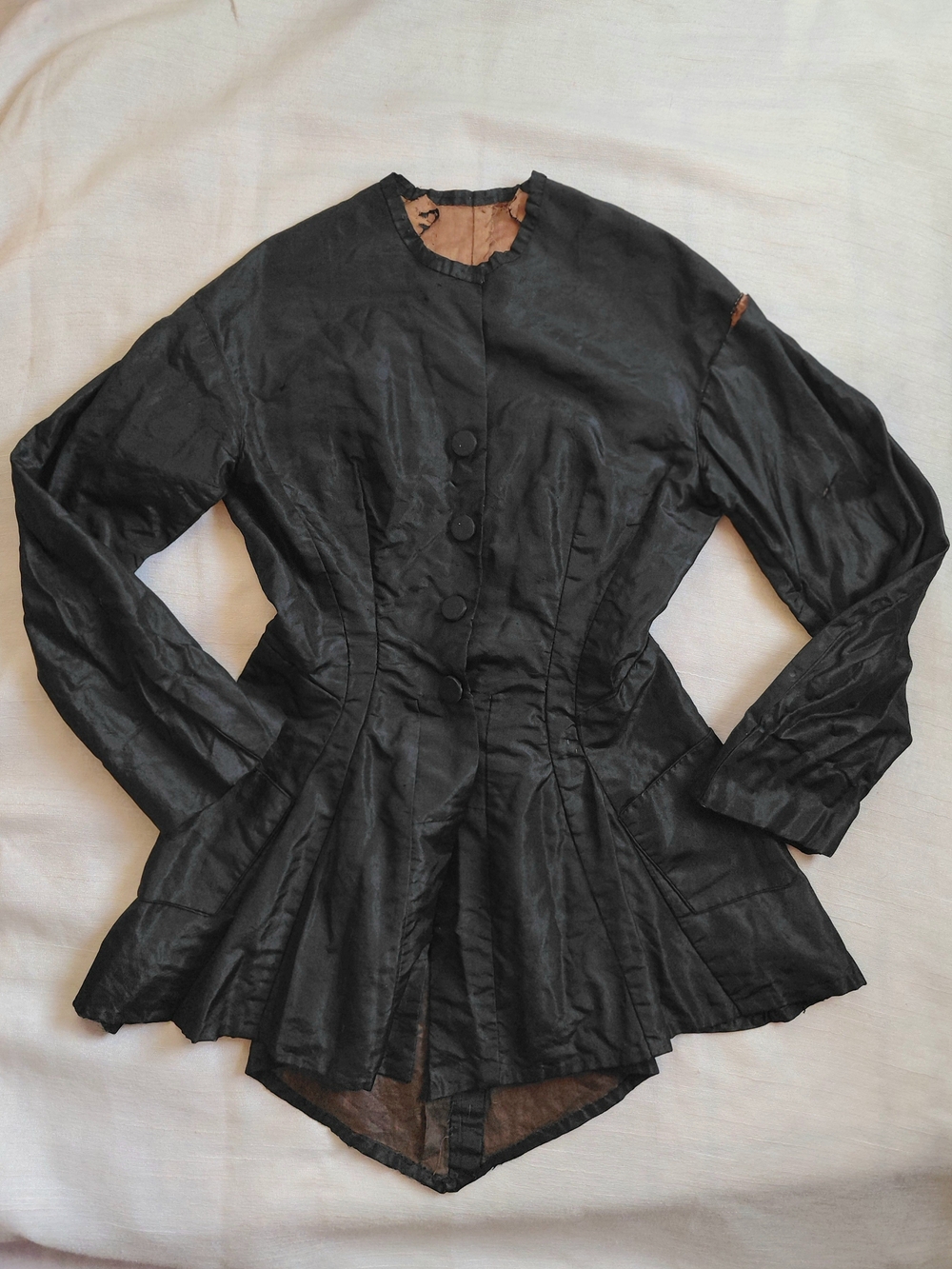 Antique 1880s Victorian Bodice Jacket Black Silk Taffeta Peplum XXS Study Piece